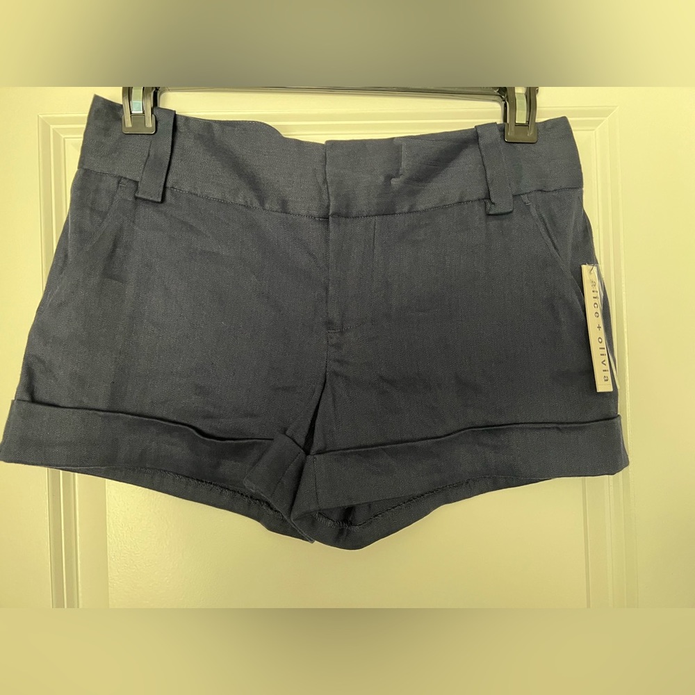 Alice + Olivia Cady Cuff Short Navy Blue Linen Blend Low Rise Belt Loops Sz 6